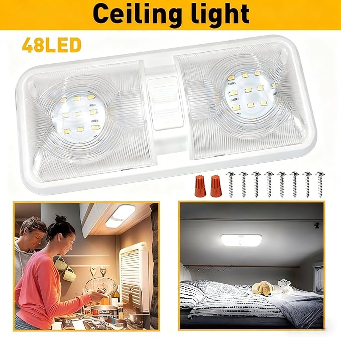 HAISTYLE RV LED Ceiling Double Dome Light Fixture with ON/Off Switch Interior Lighting for Car/RV/Trailer/Camper/Boat DC 11-18V Natural White (4PCS/ Double Dome)