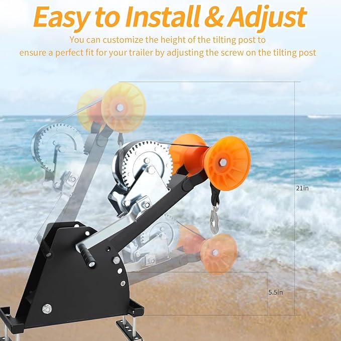 Marine Winch Support with Roller, Adjustable with Tow Winch Mount for 3“ to 4” W x 4” H Trailer Tongue Marine Trailer Winch Strut/Marine Winch Support