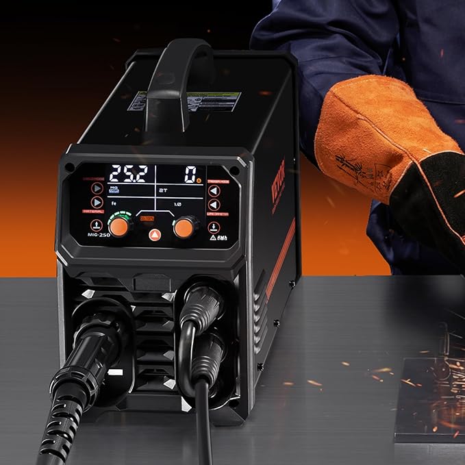 VEVOR Pro MIG Welder, 250A Pluse Mig Welding Machine, 5-in-1 Synergic Welder Machine MIG Pluse/Gas MIG/Flux Core MIG/Stick/Lift TIG, 110V/220V Dual Voltage Aluminum Mig Welder with LCD Screen Display