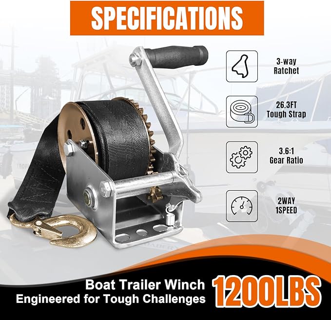 Hand Winch, 1200 lbs Pulling Capacity, Boat Trailer Winch Heavy Duty Rope Crank with 26.3 FT Polyester Strap, Manual Operated Hand Crank Winch for Trailer, Boat or ATV Towing