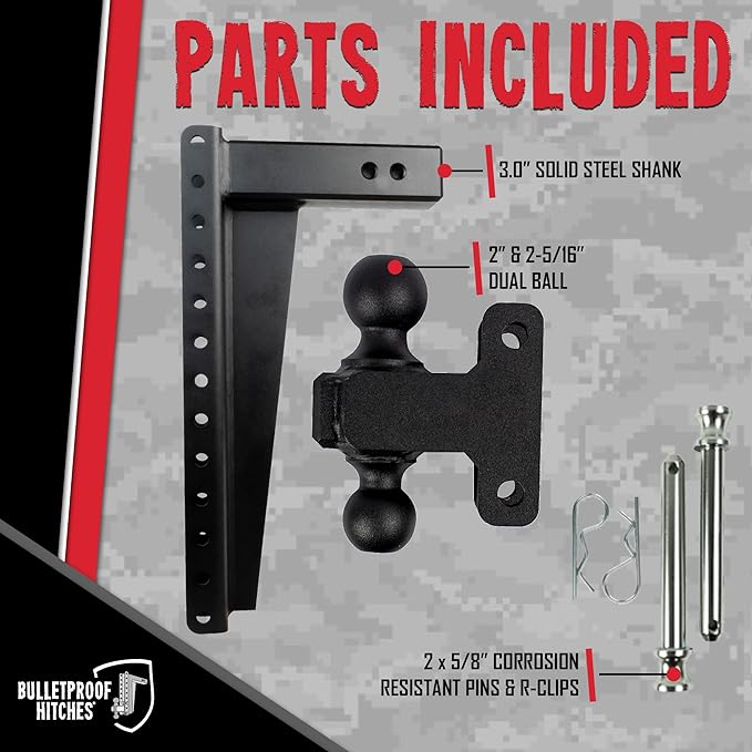BulletProof Hitches - 3.0" Adjustable Heavy Duty Trailer Hitch (22,000 lb. Rating) - 20" Drop/Rise Trailer Hitch with 2" & 2-5/16" Dual Ball - Powder Coat, Solid Steel, Corrosion-Resistant
