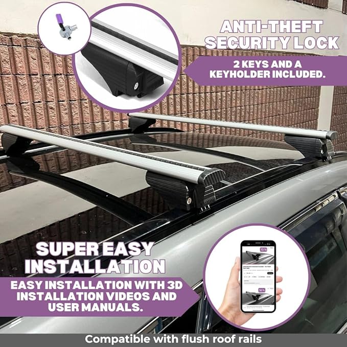 ERKUL Roof Rack Cross Bars for Mercedes Benz GLA 2014-2020 | Aluminum Crossbars with Anti Theft Lock for Rooftop | Compatible with Flush Rails - Silver