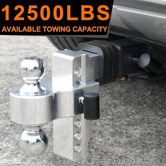 Adjustable Trailer Hitch, 6-Inch Drop/Rise Aluminum Shank – Fits 2" Receiver, 12,500 LBS GTW, Heavy Duty Drop Hitch with 3 Anti-Rattle Pads & 2 Locking Hitch Pin for Trucks