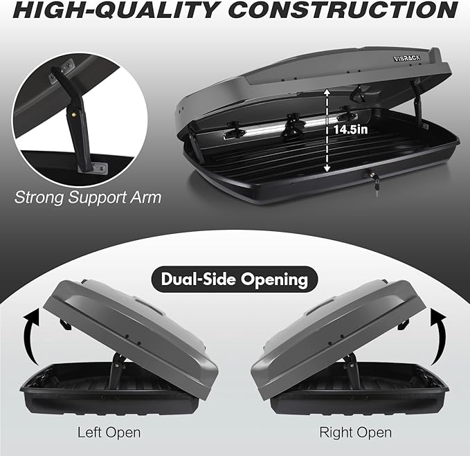 Hard Shell Roof Cargo Box Carrier with Security Keys,Heavy Duty Waterproof Rooftop Storage Box,58.3 L x35.4 W x 13 H Inches,15.5 Cubic Feet Tool-Free Install,Dual Side Opening,Gray