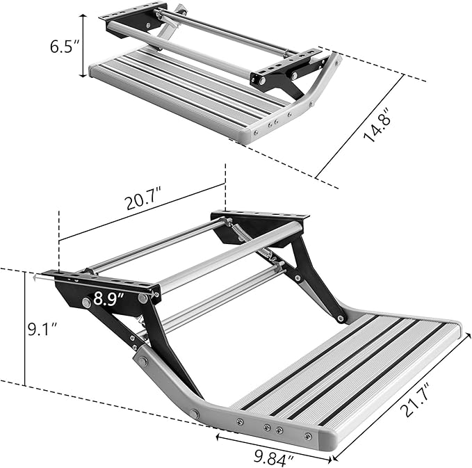 RV Step with Rug, Foldable RV Camper Stair with Ultra Wide Aluminum Step Pedals and Step Rug, Easy to Install and Use, Manual
