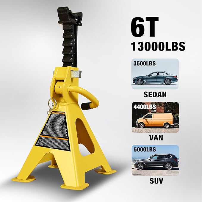 YELLOW JACKET Jack Stands 6 Ton with Double Locking and Large Foot Base for Lifting SUVS, Heavy Duty Steel, 13000 lb Capacity, 1 Pair, Yellow