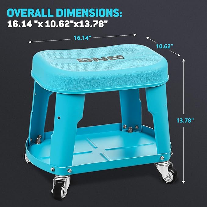 DNA Motoring Removable Rolling Garage Stool with Seat Cushion & Tool Tray Plate, 300lbs Max Weight Capacity, Blue, TOOLS-00479