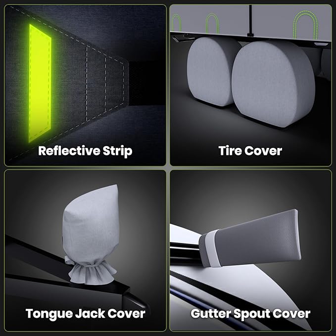 Waterproof Windproof RV Travel Trailer Cover, Anti-Rip Anti-UV 600D Oxford Fabric Camper - With Tongue Jack, Tire, Gutter Covers for 31'7"-34'