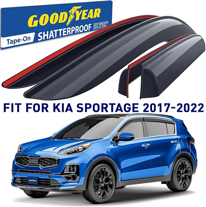 Goodyear Shatterproof Window Deflectors for Kia Sportage 2017-2022, Tape-on Rain Guards, Window Visors, Vent Deflector Visor, Car Accessories, 4 pcs. - GY008531