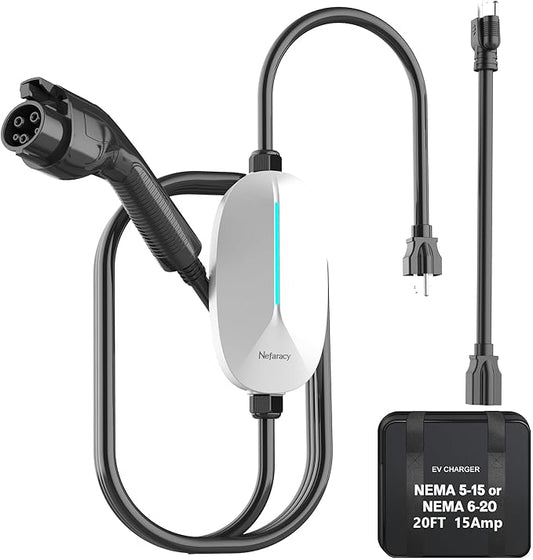 Level 1/2 EV Charger 16A Amp, 110V-240V Portable EV Charger with 20FT Cable, NEMA 6-20 & NEMA 5-15 Plug, Home Electric Vehicle Charging Station for All J1772 Electric Cars