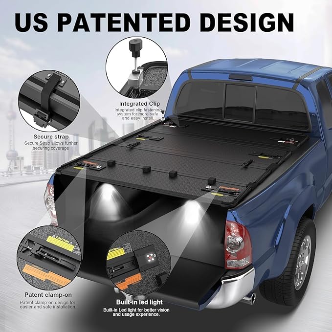 Aluminum Quad Hard Truck Bed Tonneau Cover Compatible for 2016-2024 Nissan Titan Fleetside 5.6 FT Bed On Top 67 inch+2X 60 Inch Light Strip 6500K White 3900LLM