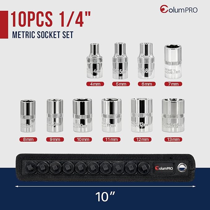 10PCS 1/4” Drive Standard Socket Set with Organizer Holder, Metric (4-13mm) 6 Point CR-V Steel Shallow Socket Set with Quick-Lock & Hanging Bracket for DIY, Repair & Mechanics