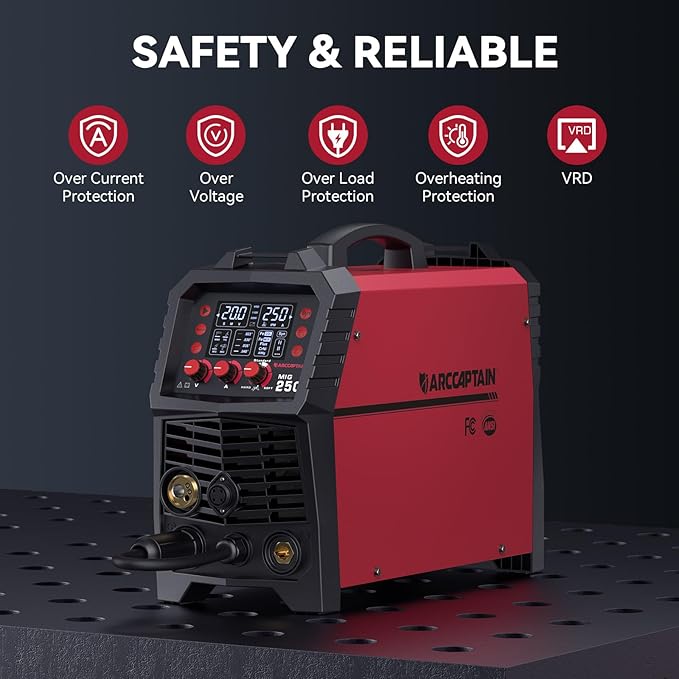 ARCCAPTAIN 250A MIG Welder, 110V 220V Gas MIG/Gasless MIG/Stick/Lift TIG/Spool Gun/Spot 6 in 1 Welding Machine Aluminum Welding Machine Professional Welder Machine with Large LED Display