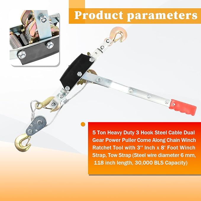5 Ton Heavy Duty 3 Hook Steel Cable Dual Gear Power Puller Come Along Chain Winch Ratchet Tool with 3'' Inch x 8' Foot Winch Strap, Tow Strap (30,000 BLS Capacity)