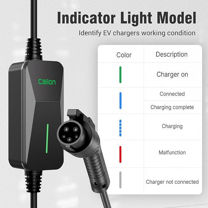 CALION Level 1&2 EV Portable Charger - 16A, Compatible with J1772 EVs, NEMA 6-20P (240V) & 6-20P to 5-15P Adapter (120V), 25FT Cable, LED Light, No Screen, Various Protections