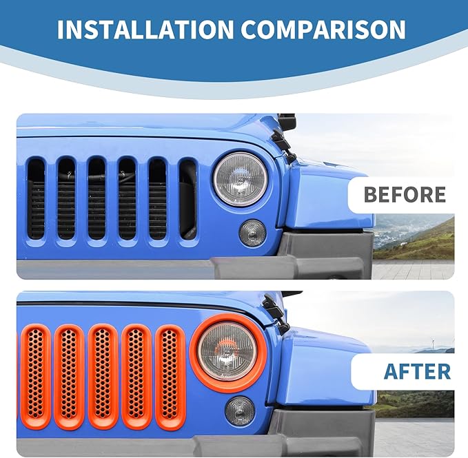 for Jeep JK Front Grille Inserts & Headlight Cover Trim Ring for Jeep Wrangler JK JKU 2007-2017 Orange Exterior Accessories 9pcs