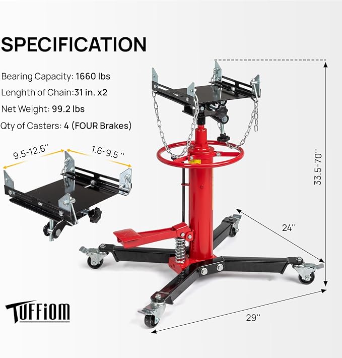 TUFFIOM Transmission Jack, 1660 lbs 3/4-Ton Hydraulic 2-Stage High Lift Vertical Telescoping Floor Jack Stand, 34" to 68" Lifting Range, w/Pedal, 360° Swivel Wheels, Garage/Shop Lift Hoist, Red
