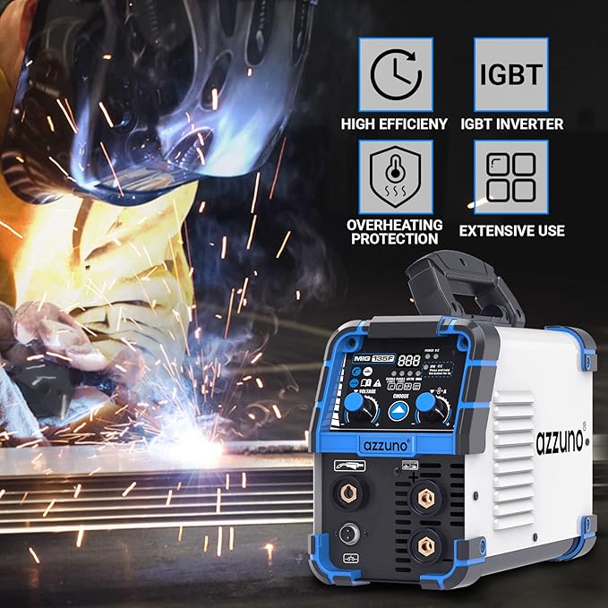 AZZUNO 135 Amp MIG Welder, 3 in 1 Multiprocess Welder 110V Flux Core Welder Flux MIG/Lift TIG/Stick Welding Machine Synergic Control IGBT Inverter Welder (volts, 110)