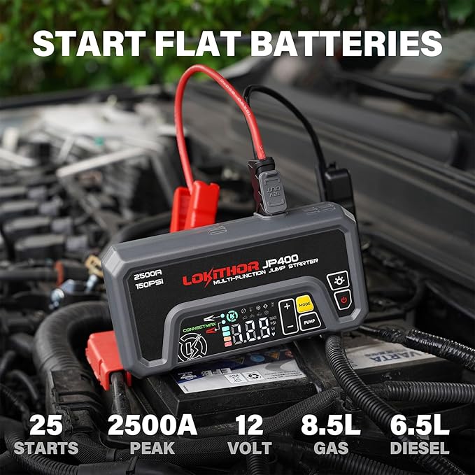LOKITHOR JP400 Jump Starter with Air Compressor, 2500A 12V Battery Jumper Starter Portable (8.5L Gas/6.5L Diesel) with 150PSI Tire Inflator Portable Air Compressor, LED Light, ConnectMax Tech