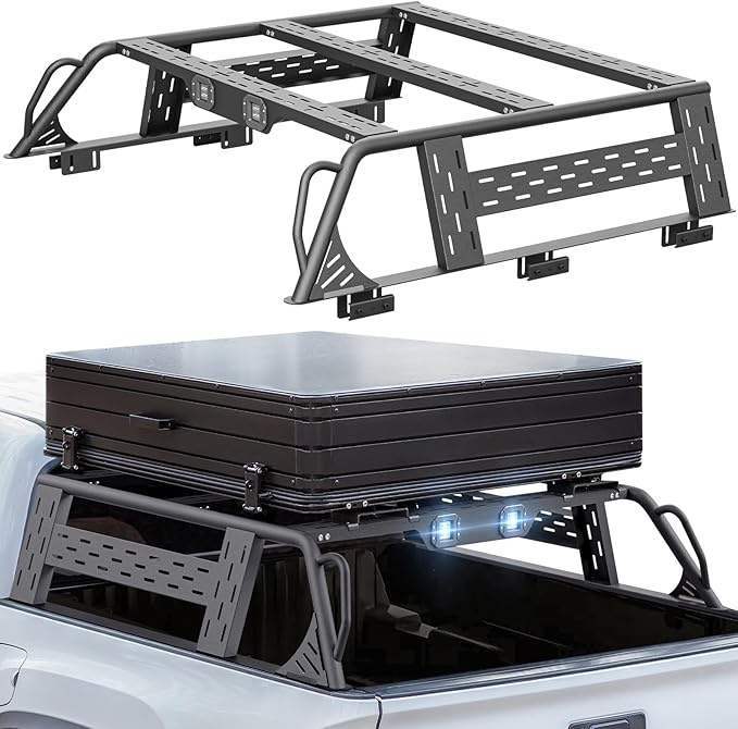 13.8" High Overland Bed Racks Truck Cargo Carrier Compatible with 2016-2025 Tacoma & 2020-2025 Gladiator JT with 2 LED Lights and Bed Rails, Full-Size Truck Rear Ladder Rack Back Cross Bars