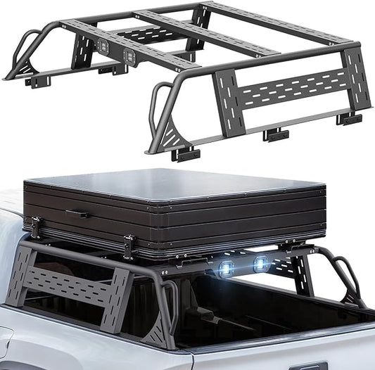 13.8" High Overland Bed Racks Truck Cargo Carrier Compatible with 2016-2025 Tacoma & 2020-2025 Gladiator JT with 2 LED Lights and Bed Rails, Full-Size Truck Rear Ladder Rack Back Cross Bars