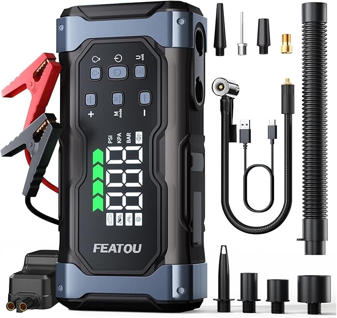 High-Power 9000A Jump Starter with Air Compressor, 12V Car Battery Jump Starter, Portable Jump Box for Car(All Gas/14L Diesel) with Tire Inflator, 30W Fast Charge, Forced Boost, Smart Battery Jumper