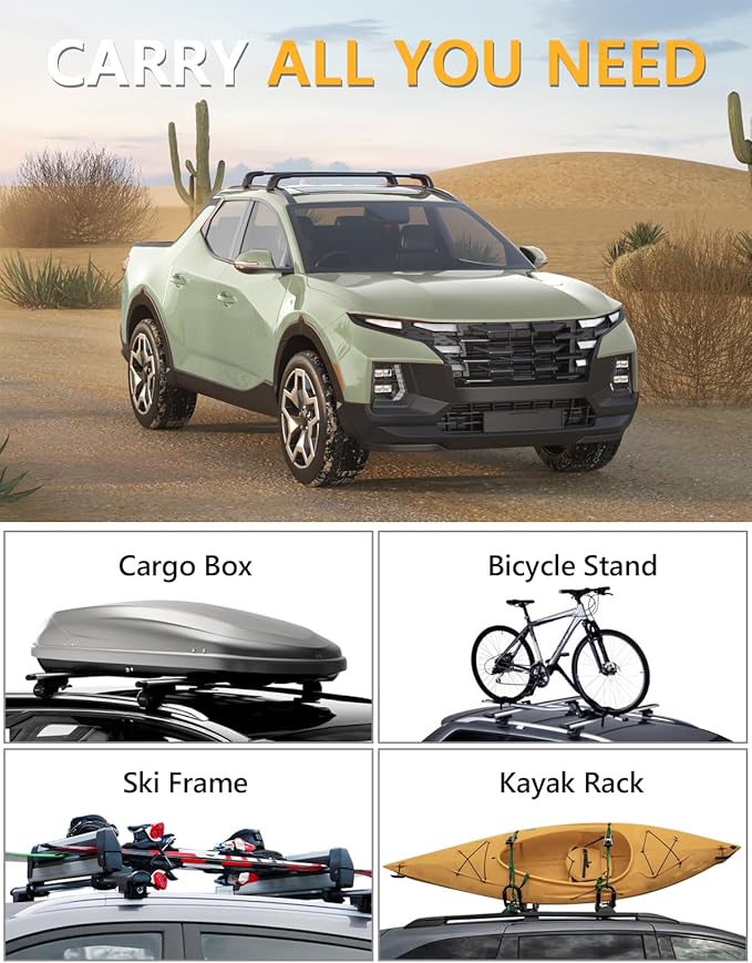 Tuyoung Roof Rack Cross Bars Compatible with Hyundai Santa Cruz 2021-2026 SE SEL Premium Night Limited, 220lbs Lockable Heavy Duty Anti-Theft Aluminum Roof Rails Crossbars Cargo Carrier Bag Black Bike