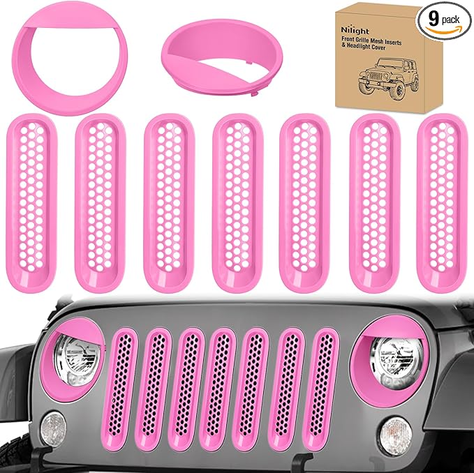 Nilight Grill Inserts fit for Jeep Wrangler Front Grille Mesh Inserts & Headlight Cover Set for JK JKU Unlimited Sports Sahara Freedom Rubicon 2007-2018 Clip-in Trim Exterior Accessories Pink 9 Pcs