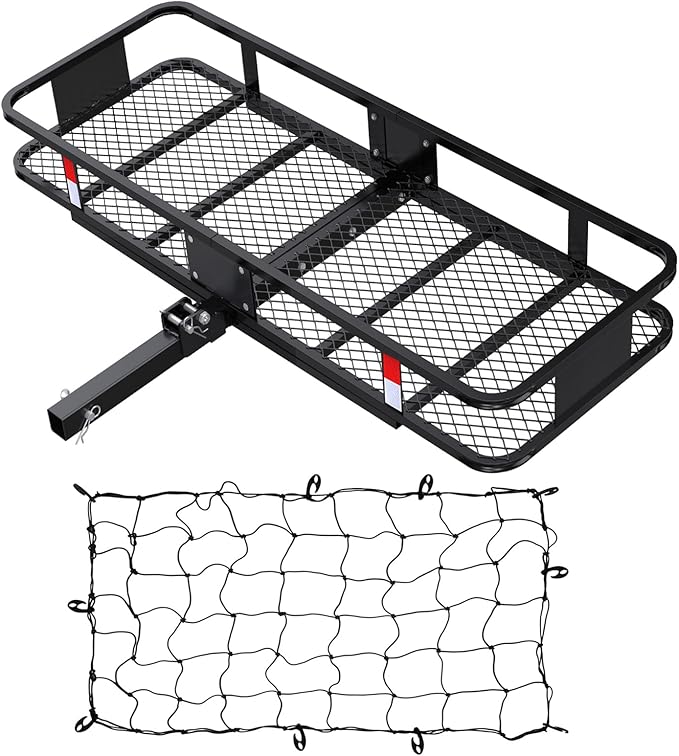 FORWODE 60x20x6 Hitch Carrier for 2 Inch Receiver, 500LB Capacity Hitch Mount Rack with Folding Cargo Basket, Rust-Resistant Coat, Includes Cargo Net