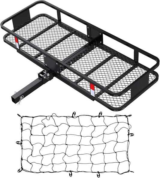 FORWODE 60x20x6 Hitch Carrier for 2 Inch Receiver, 500LB Capacity Hitch Mount Rack with Folding Cargo Basket, Rust-Resistant Coat, Includes Cargo Net