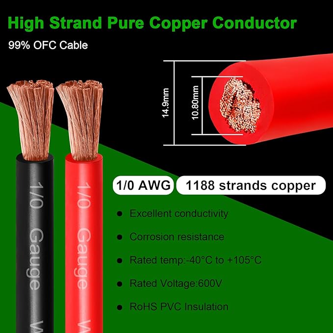 1/0 Gauge Battery Cable - 3FT Red + 3FT Black 1/0 AWG Welding Cable Flexible Stranded Oxygen-Free Pure Copper Wire for Automotive, Battery, Inverter, Solar, Marine and Generator