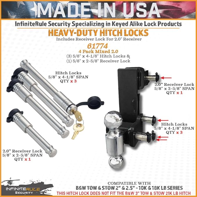 61774 | 4 Pack Mixed 2.0, Keyed Alike, Hitch Locks for B&W 2" Tow and Stow 10K LB - Includes Lock for 2.0" Receiver