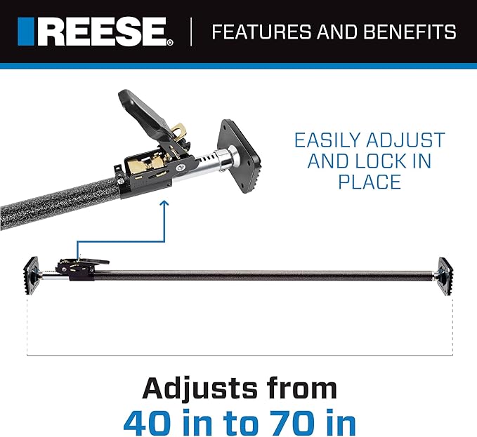 Reese Towpower 1390600 Ratcheting Cargo Bar Adjustable 40 Inch to 70 Inch, Designed To Stop Cargo From Shifting In Sport Utility Vehicles, Trucks And Vans.