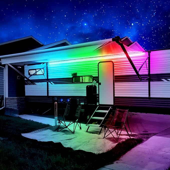 16.4FT RV Awning Lights, 12V Camper LED Light Strip with Remote and APP Control, Waterproof RV Exterior Strip Lights for Canopy Motorhome Travel Trailer Camping BBQ Kitchen (1PC-16.4FT New)