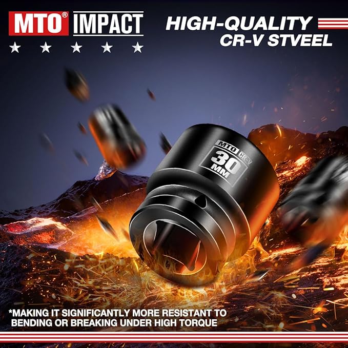MTO 1/2" Drive 30mm Shallow Impact Socket, 6-Point Metric Socket for Automotive Maintaince, CR-V Steel Meets ANSI Standards
