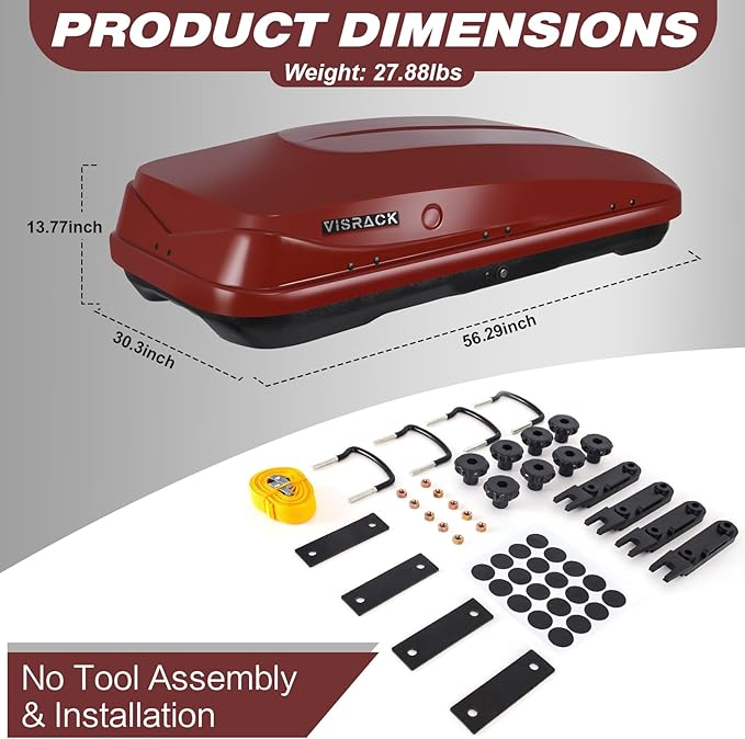 Red Rooftop Cargo Box Carrier Large 13 Cubic Feet Car Top Mount Travel Luggage Storage, Dual Side Opening, Roof Cargo Boxes Waterproof Rooftop Storage Box Extra Keys, Straps
