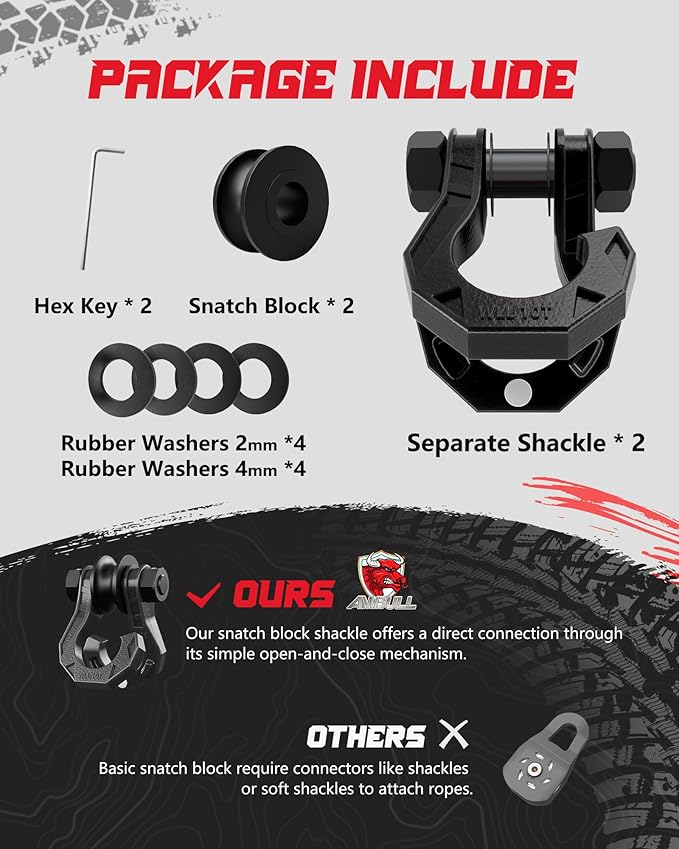 D Ring Separate Shackle with Snatch Block 2 Set, 3/4" Shackles w/Snatch Block Pulley, Heavy Duty Shackle for Towing Winch, Pulley for Off-Road Vehicle Recovery, Truck, ATV, UTV, BlackBlack