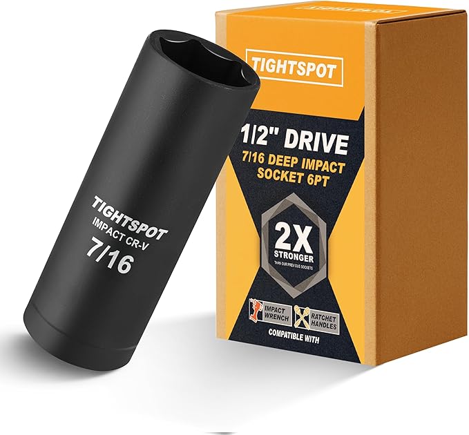 TIGHTSPOT 1/2 Inch Drive 7/16 Inch Deep Impact Socket with Anti-Rounding 6 Point Design, Heat-Treated CRV Steel