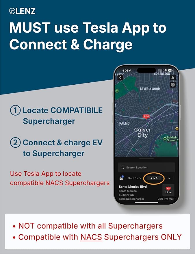 LENZ NACS to CCS Electric Vehicle Adapter for Superchargers – Charge Compatible CCS1 EVs at Tesla NACS Supercharger Stations, 500A 1000V [Verify Compatibility with Your EV Brand] - UL 2252