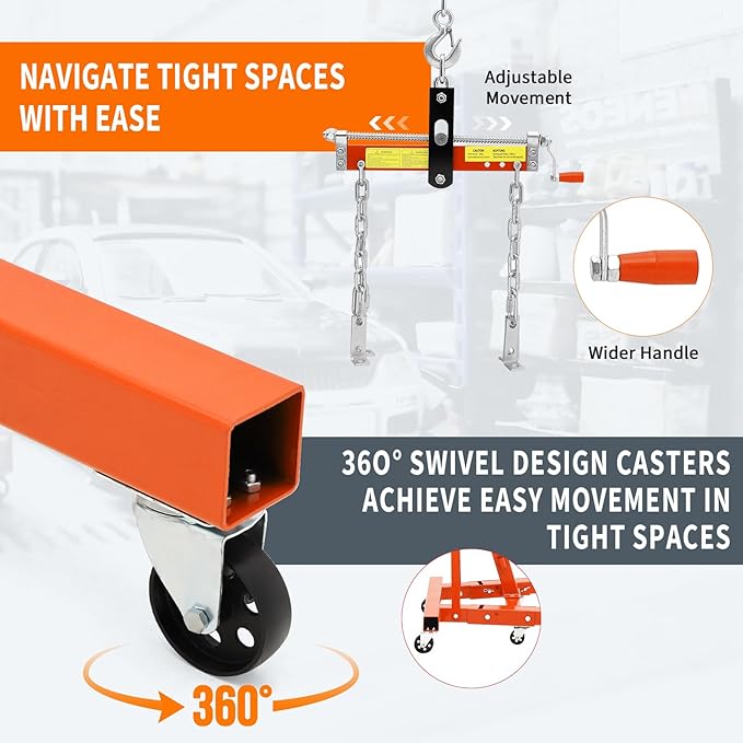 2-Ton Folding Engine Hoist Cherry Picker 4400 Lb Capacity Hydraulic Shop Crane with Telescoping Boom 6 Caster Wheels for Automotive Repair (Yellow, Engine Hoist with Leveler)