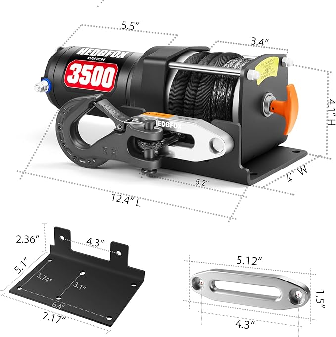 3500lb Electric Power Winch Kit Synthetic Rope Waterproof IP65 with Wireless Remote Control and Mini Rocker Switch for ATV UTV Towing, Off-Road Recovery Applications