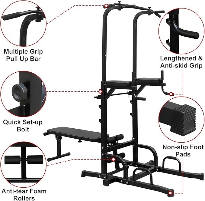 Power Tower Pull Up Bar Station,Height Adjustable Multi-Function Dip Station for Home Gym Strength Training Fitness Workout Equipment