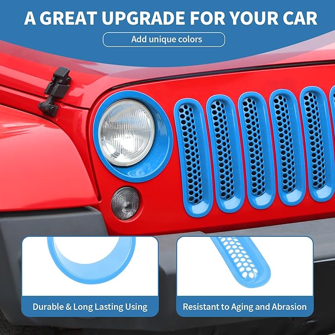 for Jeep JK Front Grille Inserts & Headlight Cover Trim Ring for Jeep Wrangler JK JKU 2007-2017 Light Blue Exterior Accessories 9pcs