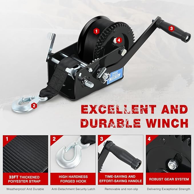Nilight Boat Trailer Winch 3500 Lbs Hand Crank Winch Heavy Duty Boat Winches with 33Ft Strap Rope Hook Two Way Ratchet 4:1 8:1 Gear Portable Marine Manual Winch for Trailers Boat RV ATV Jet Ski Towing