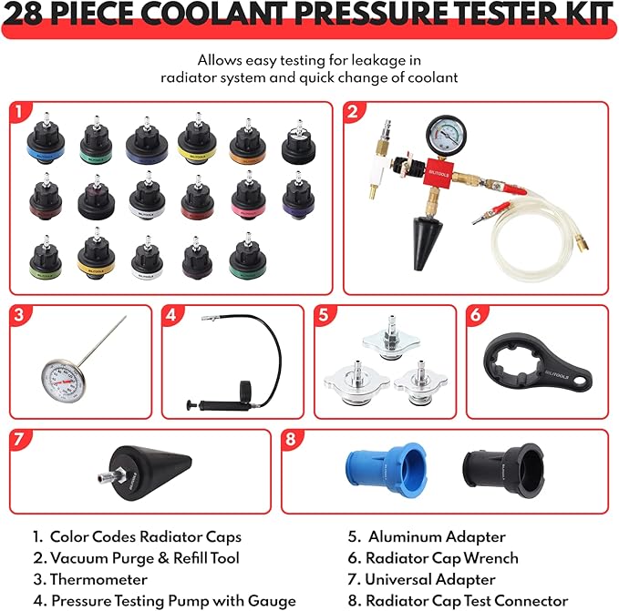 BILITOOLS Radiator Coolant Pressure Tester & Vacuum Refill Kit, 28-Piece Universal Cooling System Radiator Leak Tester & Refiller