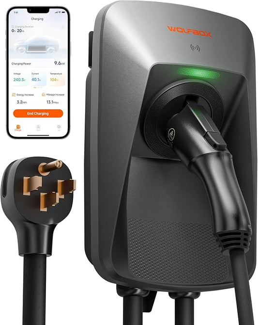 WOLFBOX Level 2 EV Charger 40 Amp J1772,EV Charger Level 2 with NEMA 14-50 Plug 25ft Cable,Smart APP&RFID Card Control,240V Electric Vehicle Charging Station for Electric Automobile(WE40)