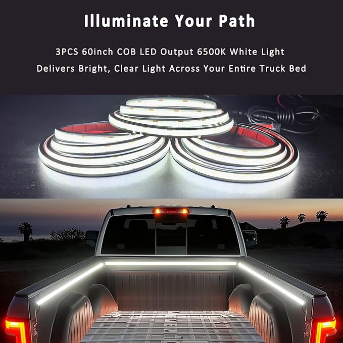 LED Truck Bed Lights, 3Pcs 60Inch 12V 6500K White COB Waterproof Lights Strip with Switch Blade Fuse Splitter, Cool Accessories for Pickup Truck Camper Van SUV RV Boat