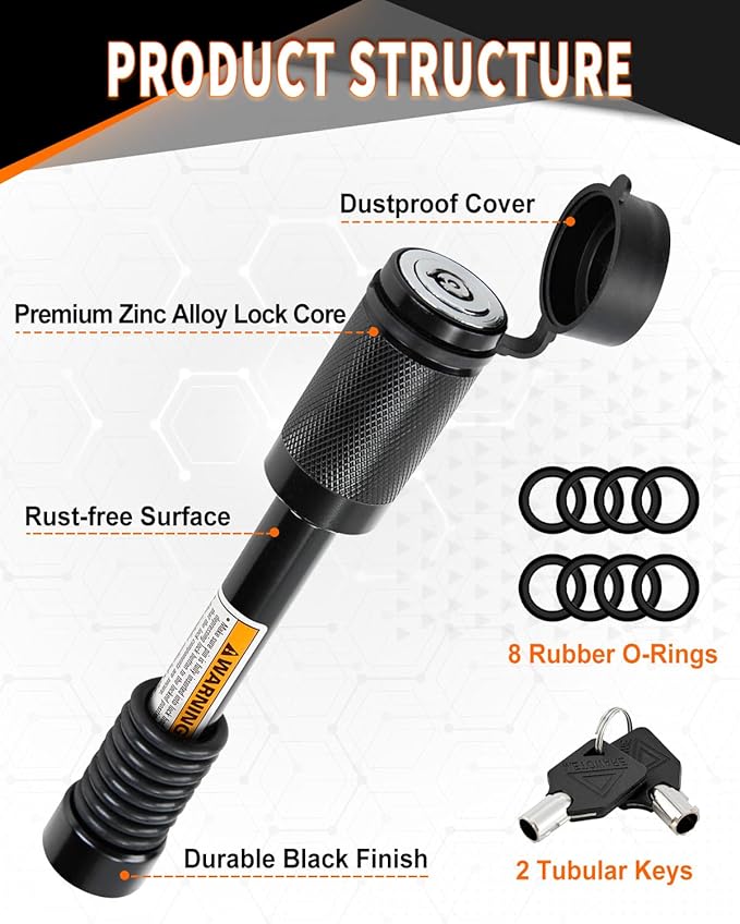 METOWARE Trailer Hitch Lock Hitch Receiver Lock Fits Class III IV and 2" 2-1/2" Receiver with 5/8" Dia 3-1/2” Long Pin and 8 Anti-Rattle Rubber O-Rings, for Trailer Truck Car Boat (1 Pack)