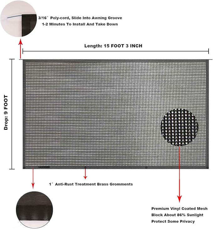 Tentproinc RV Awning Sun Shade Screen 9' X 15' 3'' (Fit for 16' Awning) Mesh Sunshade for RV Awning Motorhome Camping Trailer Awning Sunscreen UV Sunblock Shadescreen - 3 Year Warranty (Black)
