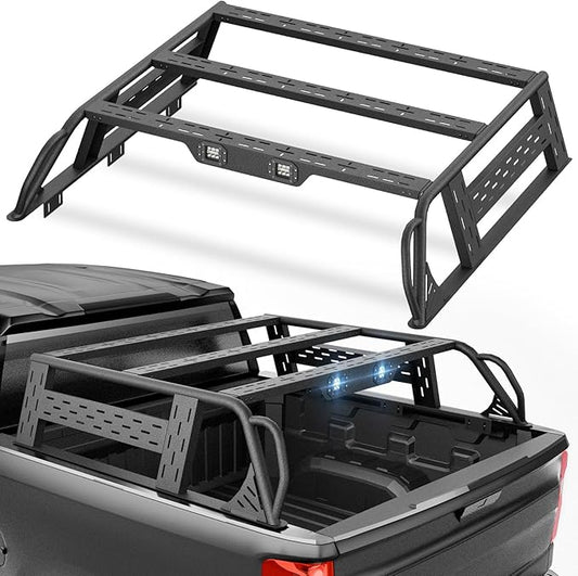 13.8" High Overland Bed Racks Truck Cargo Carrier Compatible with 2019-2026 Silverado 1500 & GMC Sierra 1500 with 2 LED Lights and Bed Rails, Full-Size Truck Rear Ladder Rack Back Cross Bars